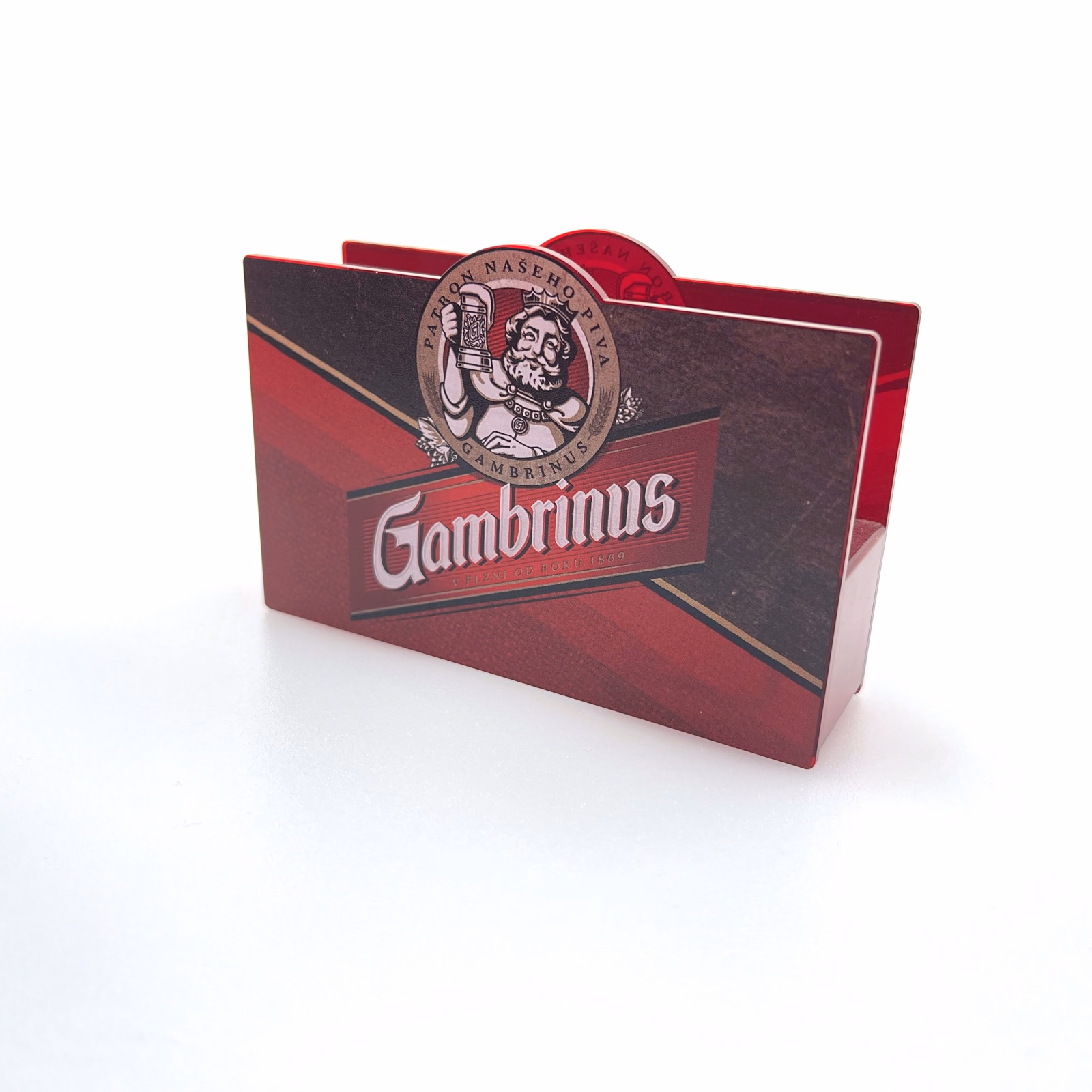 Detail potištěného stojánku na tácky Gambrinus